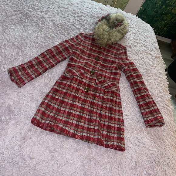 Y2K Vintage Juicy Couture Wool Coat In Cherry Red Plaid - Picture 1 of 5